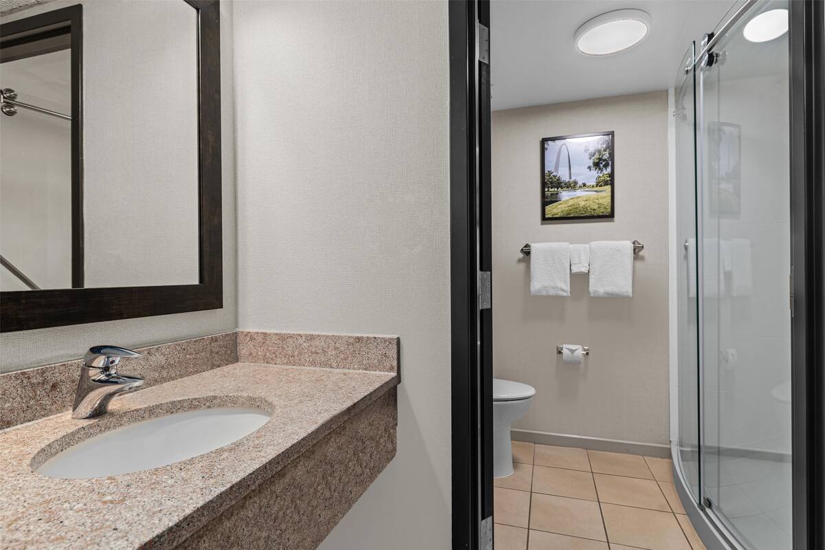 combined shower/bathtub, free toiletries, hair dryer, towels