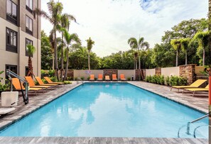 Piscina com espreguiçadeiras e palmeiras.