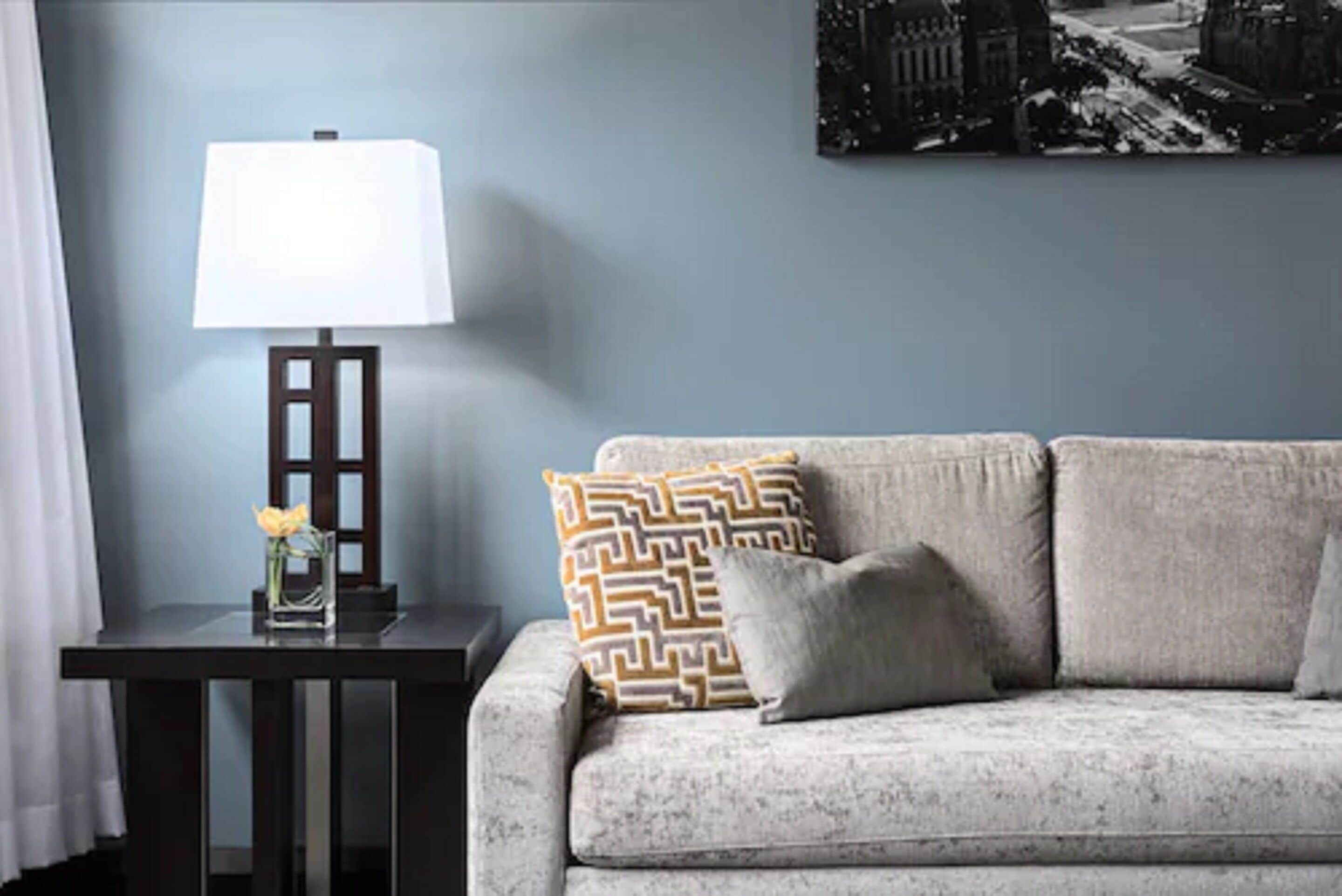 Un salon avec un canapé gris, un coussin décoratif à motifs, une lampe de table et un tableau encadré accroché au mur.