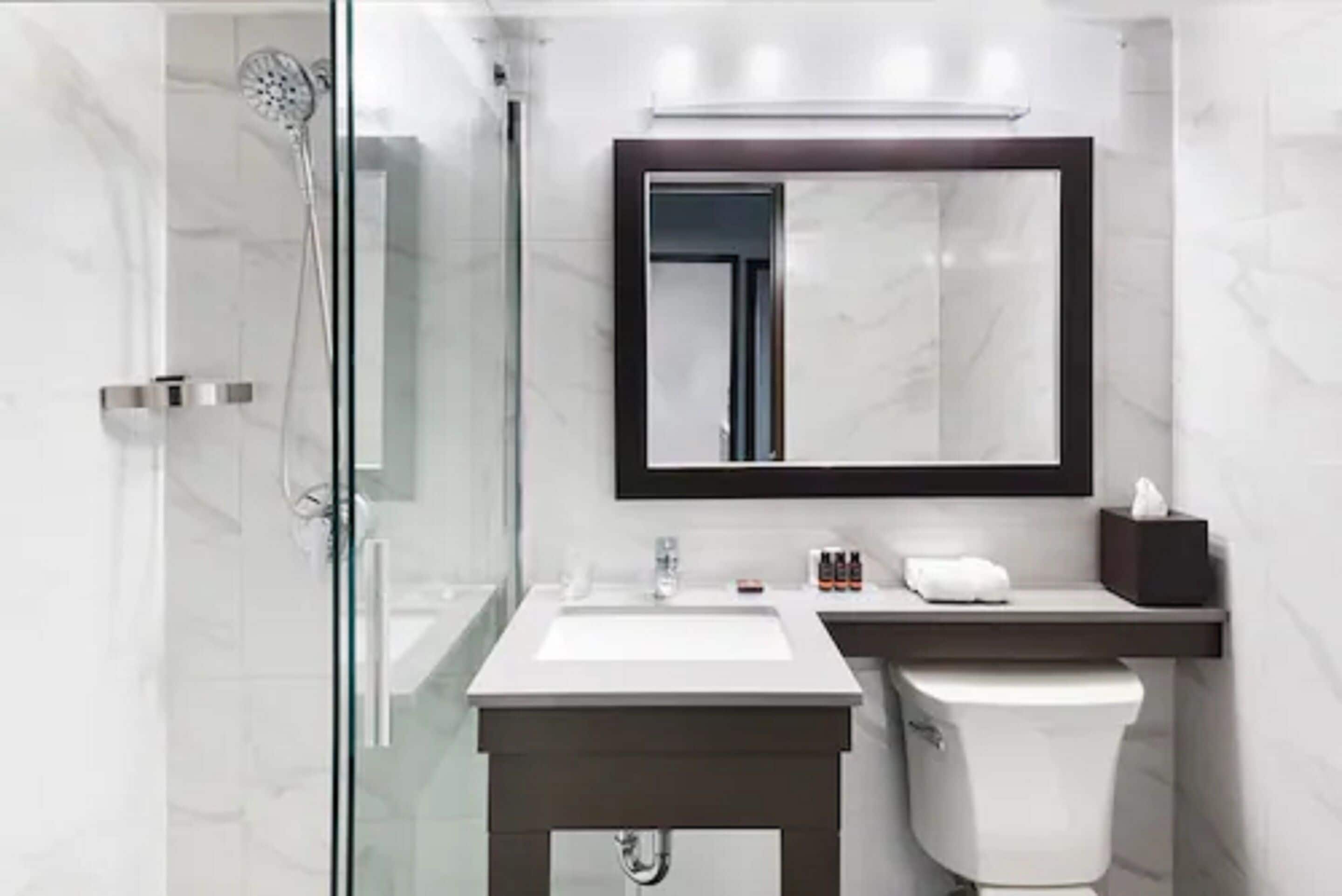 eco-friendly toiletries, hair dryer, towels