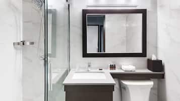 Shower, eco-friendly toiletries, hair dryer, towels