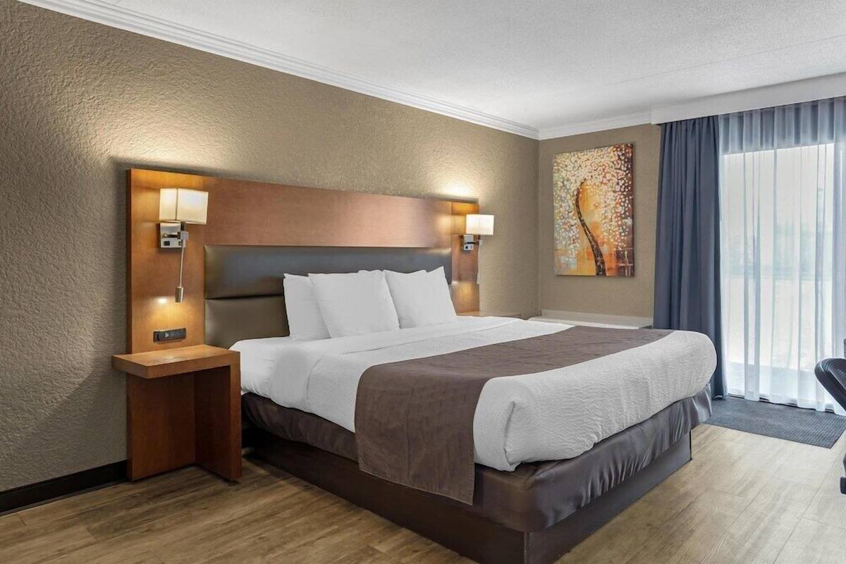 Habitación de hotel con una cama grande, dos lámparas de noche, una mesita de noche, un cuadro en la pared y vistas por la ventana.