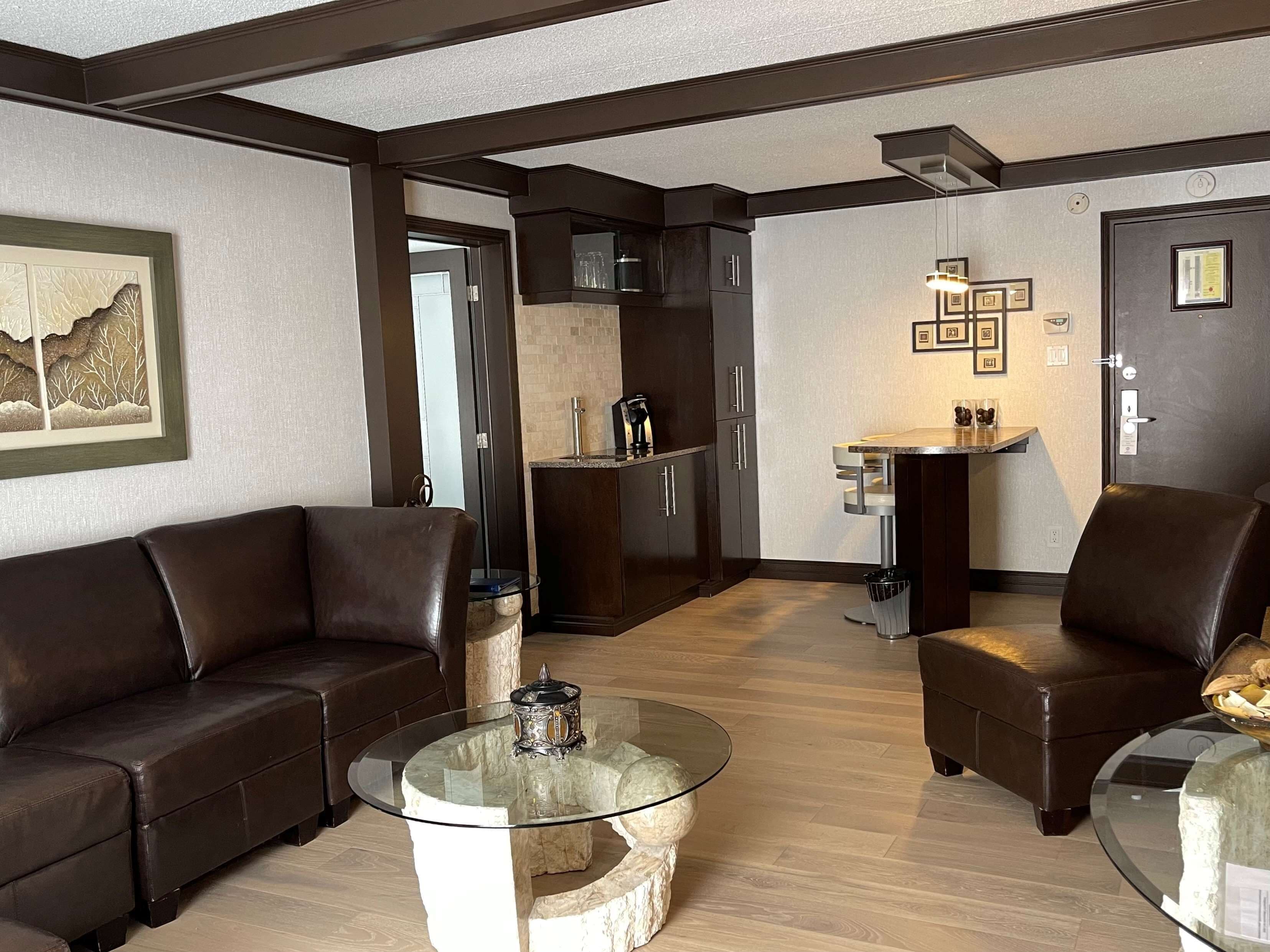 Una sala de estar moderna con sofás de cuero, una mesa de centro de vidrio y una zona de cocina con armarios oscuros y una encimera.