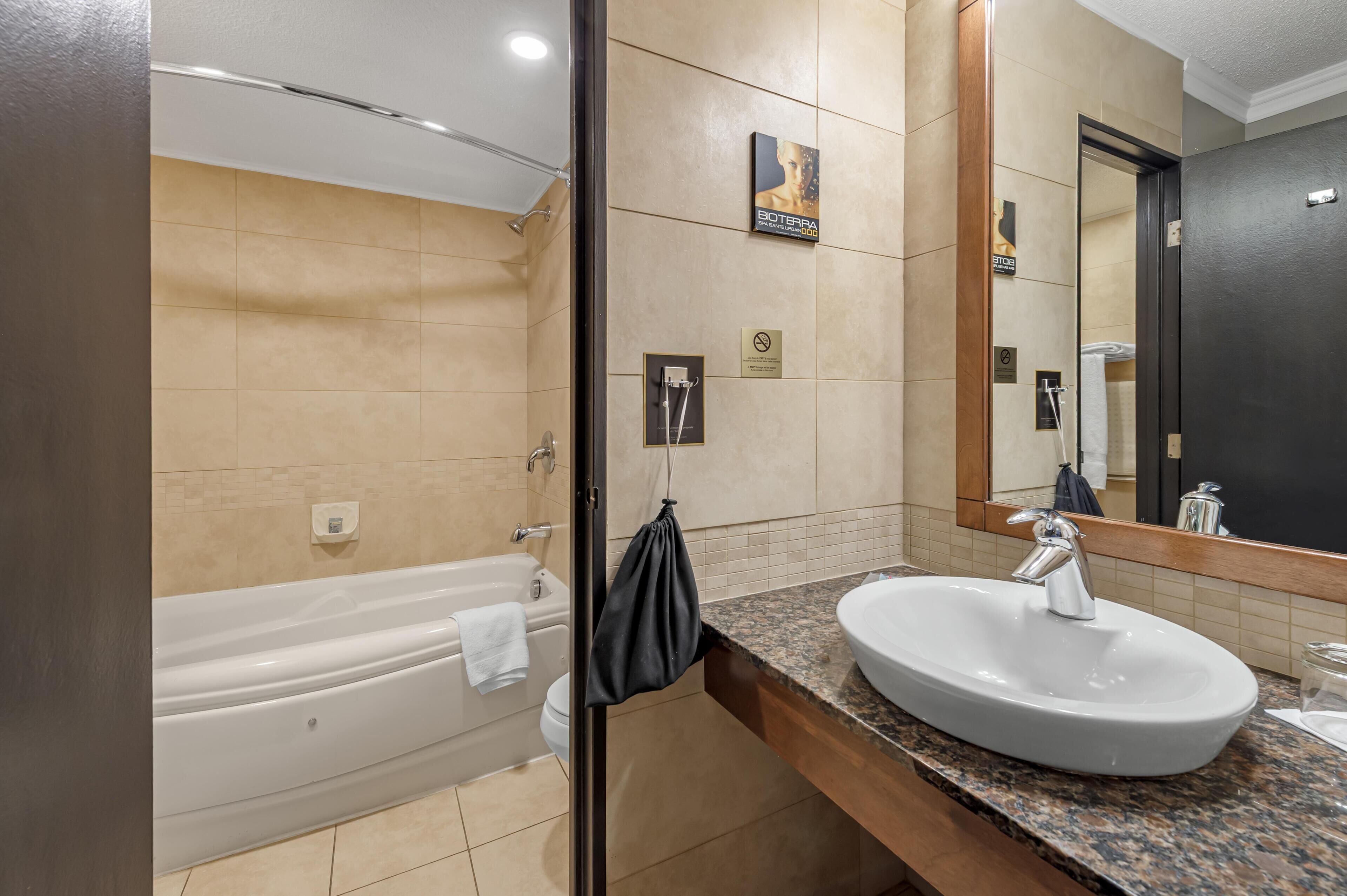 Un bagno moderno con una vasca, un lavabo e un ampio specchio.