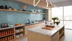 A modern kitchen with a marble countertop, wooden cabinets, and a blue backsplash.