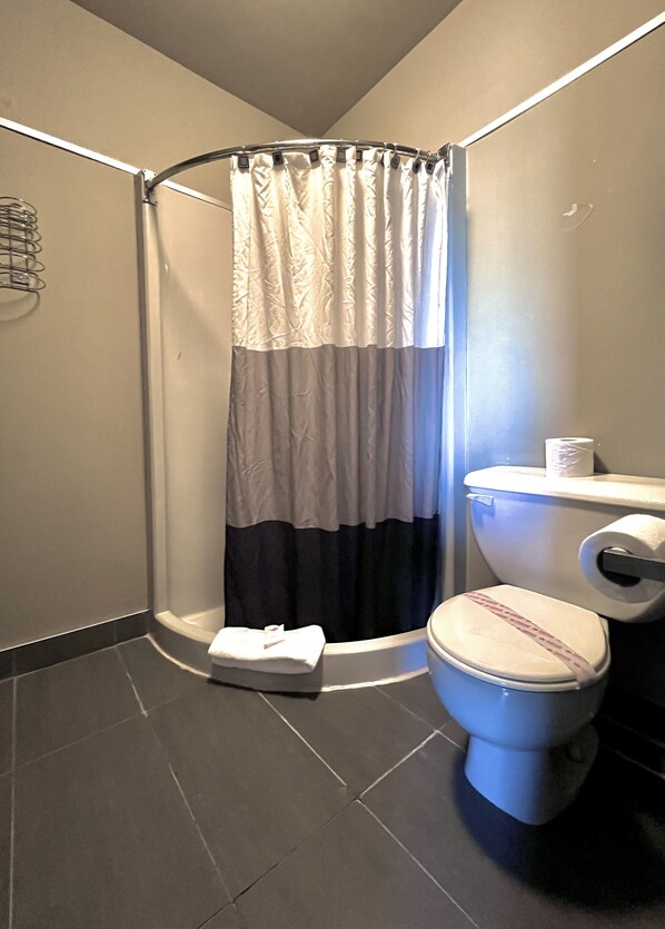 Une salle de bain avec un rideau de douche, des toilettes et une serviette sur le sol.