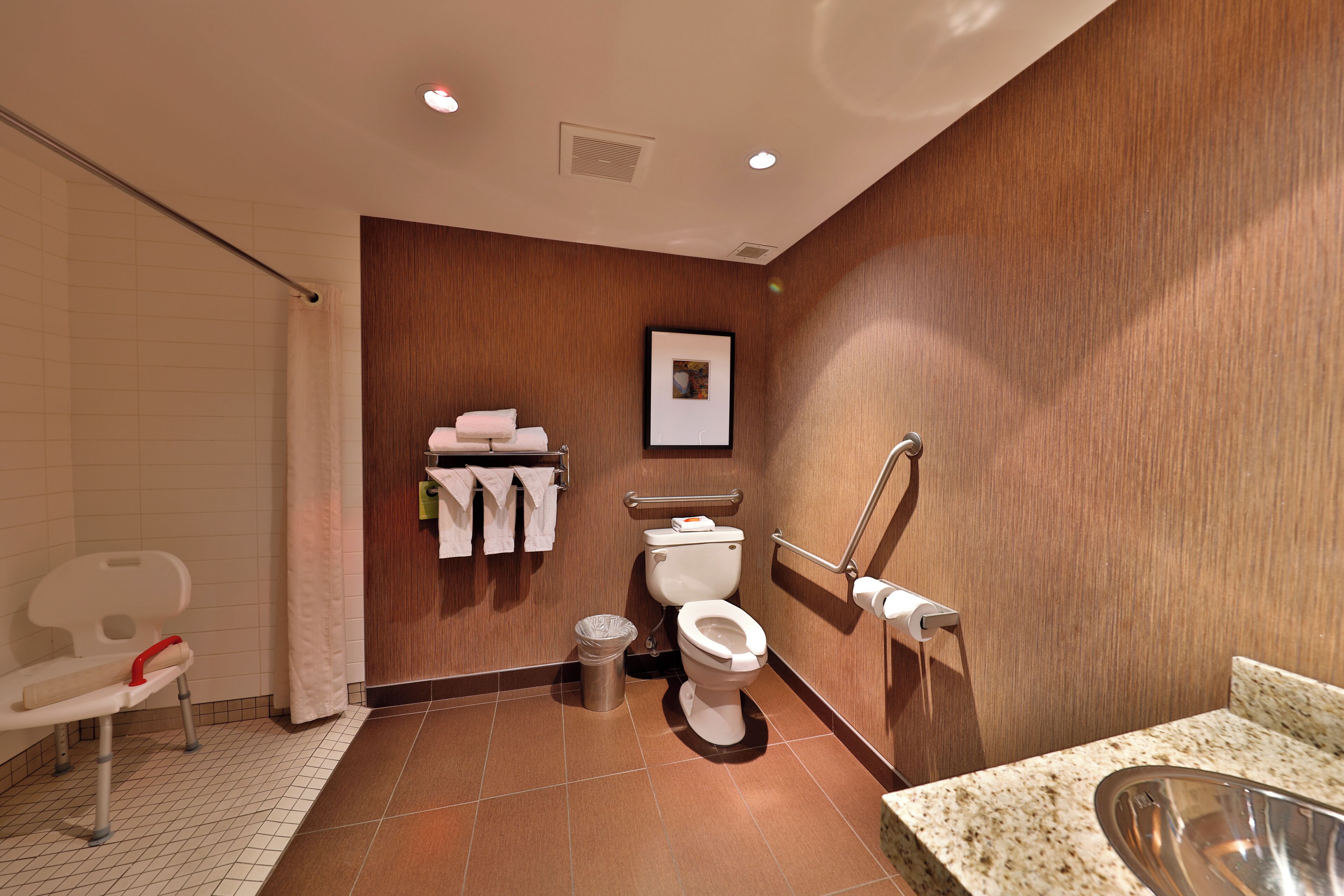A modern bathroom with a toilet, sink, and shower area.