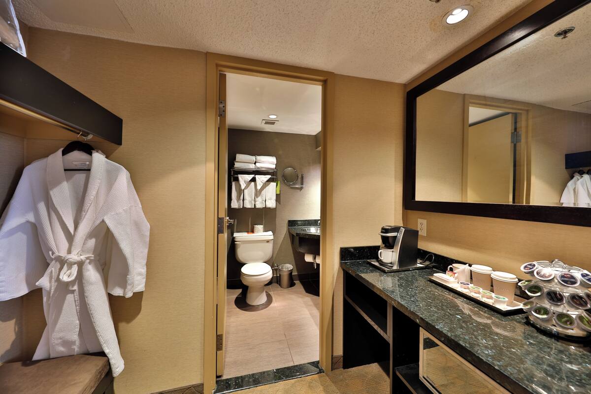 A hotel bathroom with a toilet, sink, and robe rack.