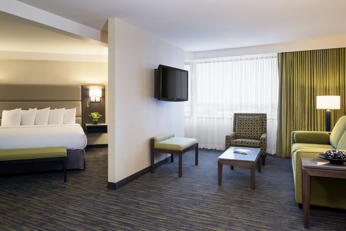 A hotel room with a large bed, a TV mounted on the wall, a desk with a chair, and a sofa.