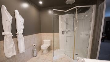 A modern bathroom with a glass-enclosed shower, a toilet, and two towels hanging on the wall.