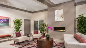 Uma sala de estar moderna com lareira, dois sofás, uma mesa de centro e plantas decorativas.