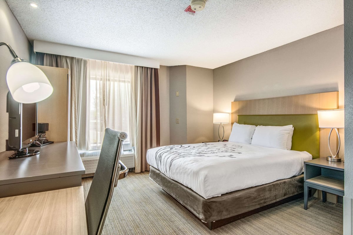 Ein Hotelzimmer mit Bett, Schreibtisch, Stuhl und Nachttischlampen.