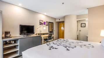 Desk, laptop workspace, blackout curtains, iron/ironing board