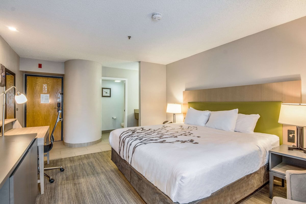 Ein Hotelzimmer mit einem großen Bett, einem Schreibtisch, einem Sessel und einem Nachttisch.
