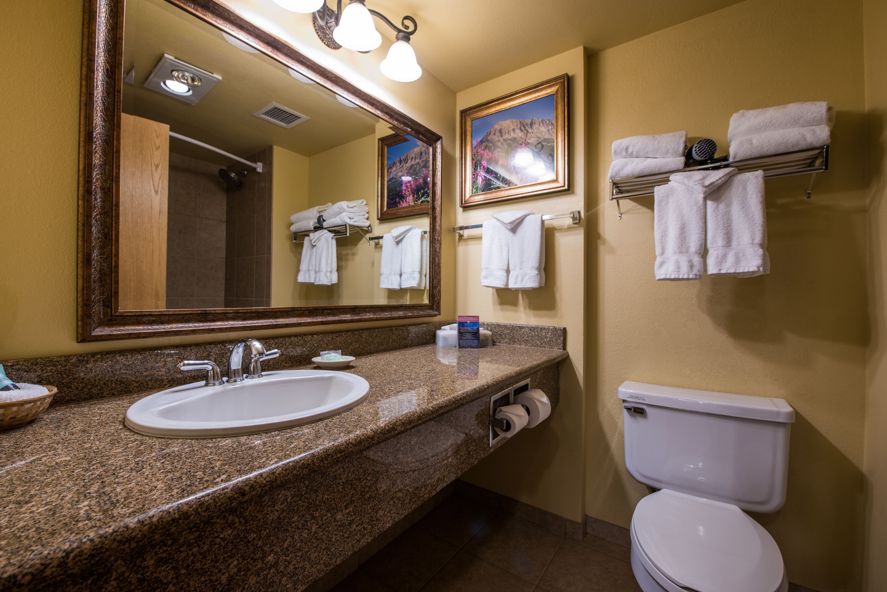 Combined shower/bathtub, designer toiletries, hair dryer, towels