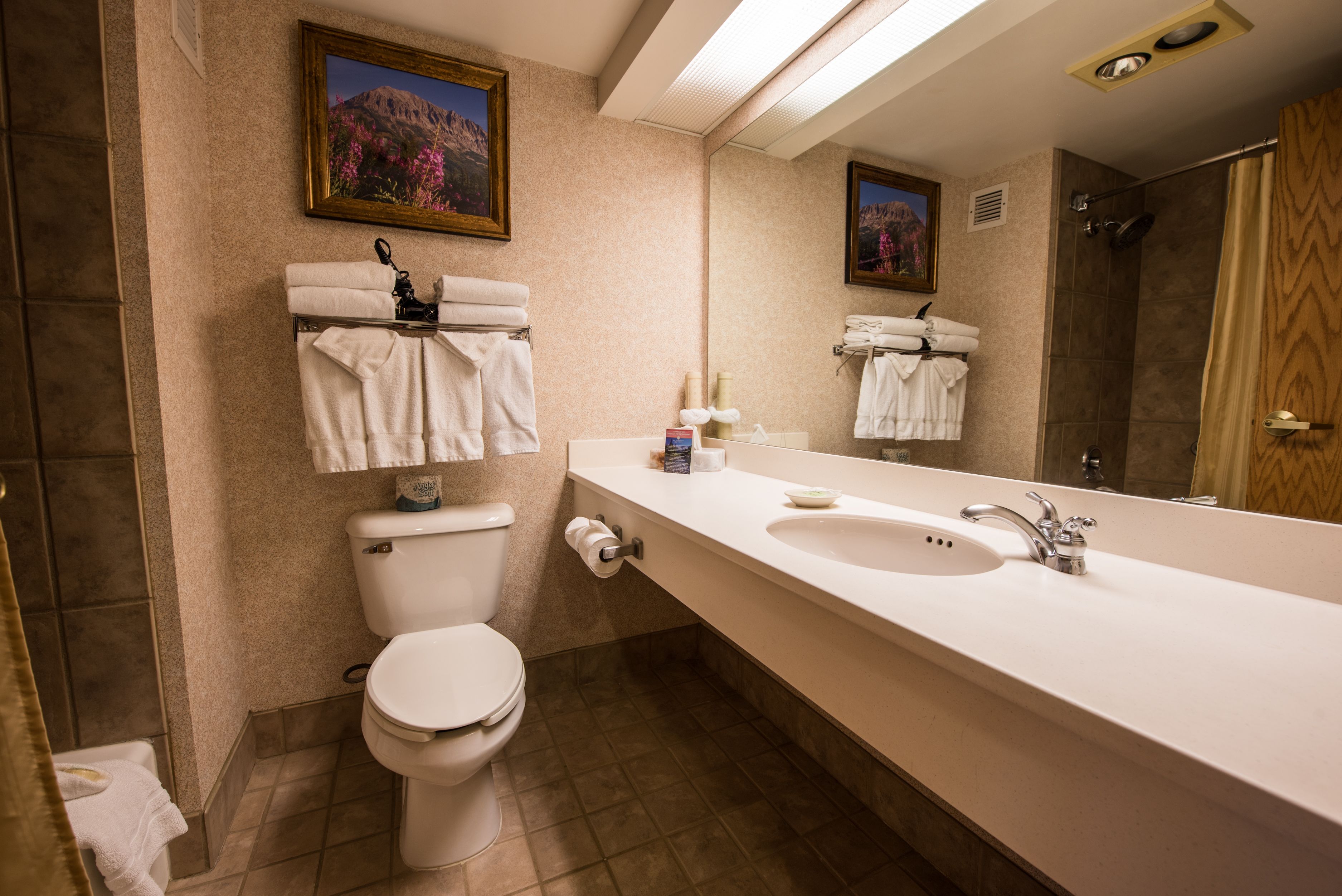 Ein Badezimmer mit Toilette, Waschbecken und Spiegel. Handtücher hängen an der Wand und eine Duschvorhang ist angebracht.