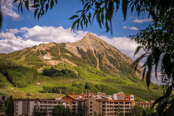 A mountain with a ski slope, surrounded by greenery and a building complex with multiple floors and a red roof. - The Grand Lodge, A Vail Resorts Property (Crested Butte)