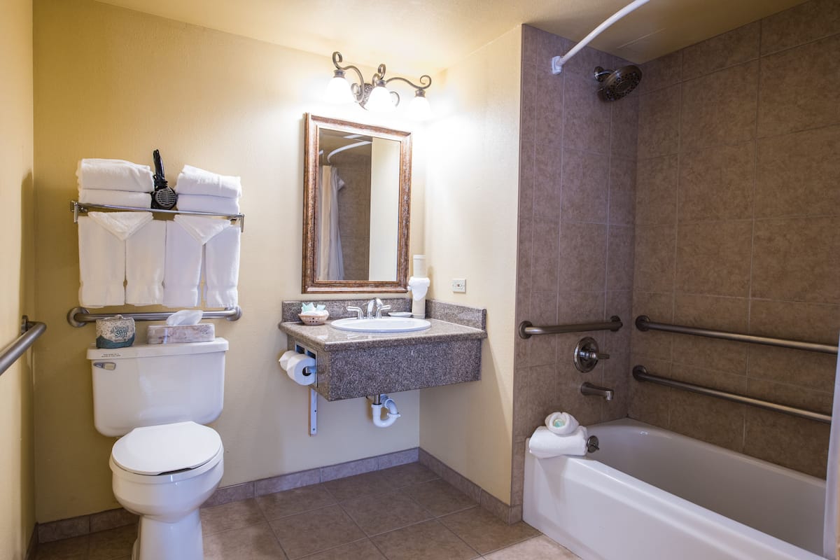 Combined shower/bathtub, designer toiletries, hair dryer, towels