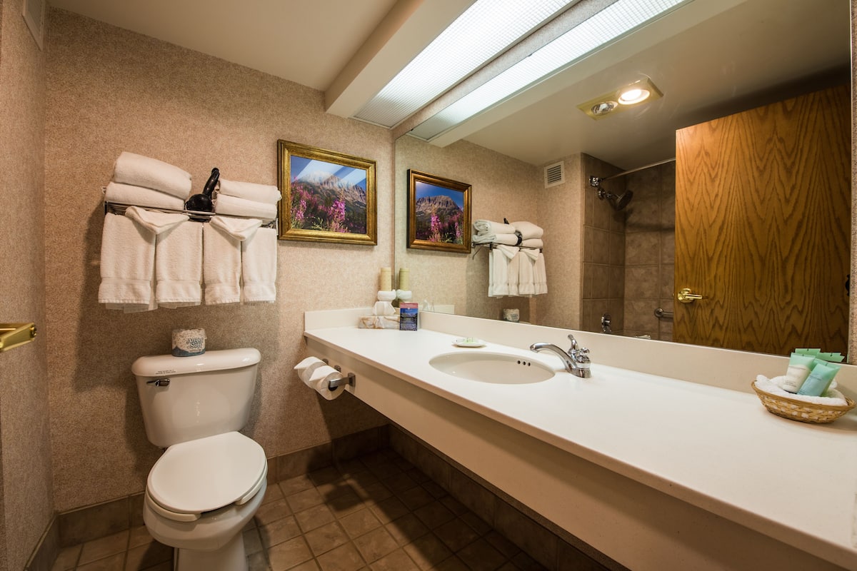 Combined shower/bathtub, designer toiletries, hair dryer, towels