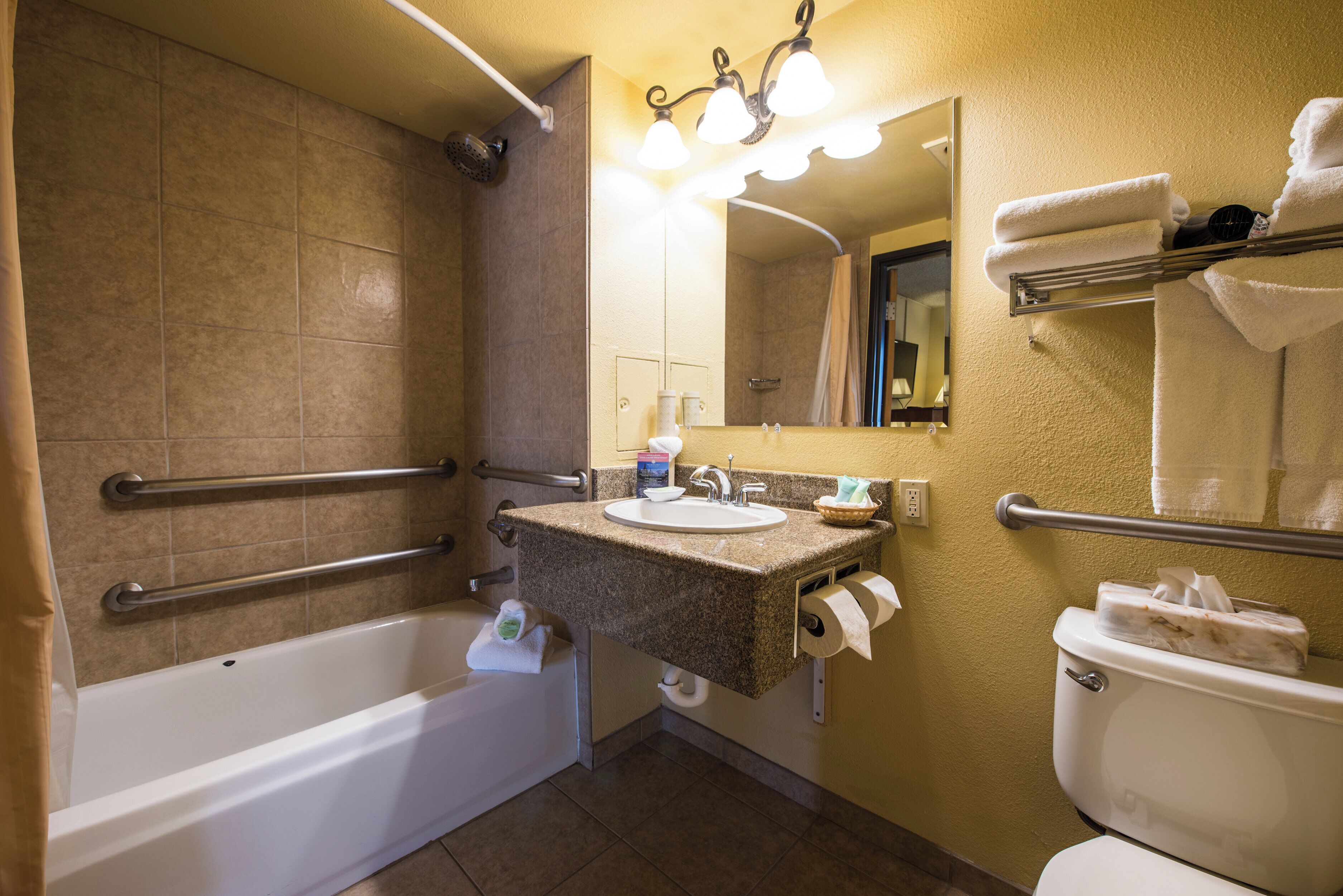 Une salle de bain avec une baignoire, un lavabo, des toilettes et un miroir.