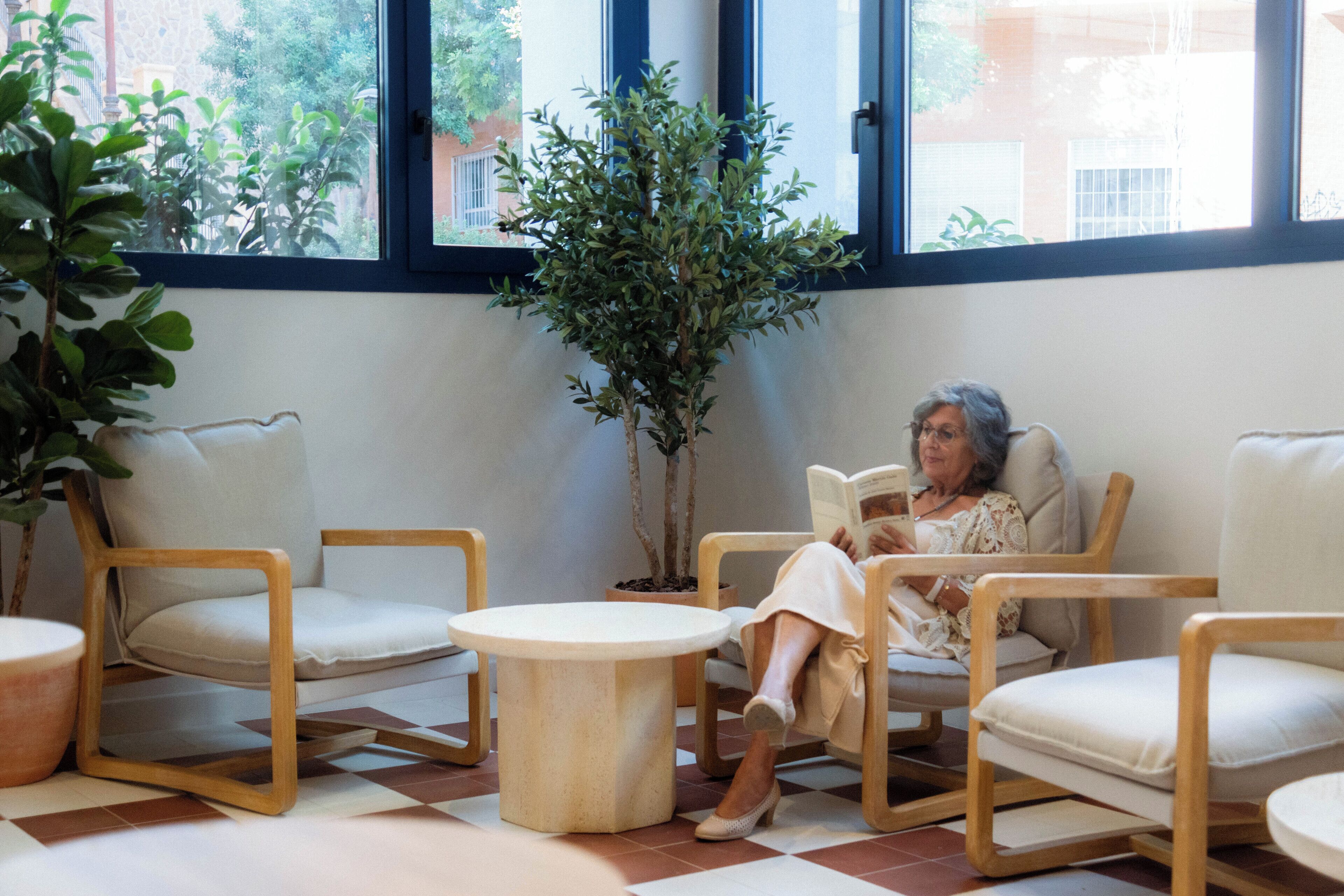 Ein Zimmer mit großem Fenster, einem Blumentopf und einer Person, die ein Buch liest.