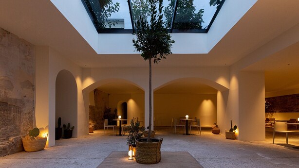 Amplio espacio interior con techo alto y tragaluces, que presenta un árbol central, zonas de estar e iluminación ambiental.