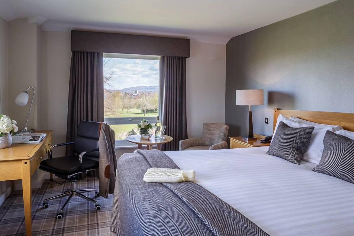 Ein Hotelzimmer mit einem großen Bett, einem Schreibtisch mit Lampe, einem Sessel, einem kleinen Tisch mit Blumenvase und Blick auf einen Park durch das Fenster.
