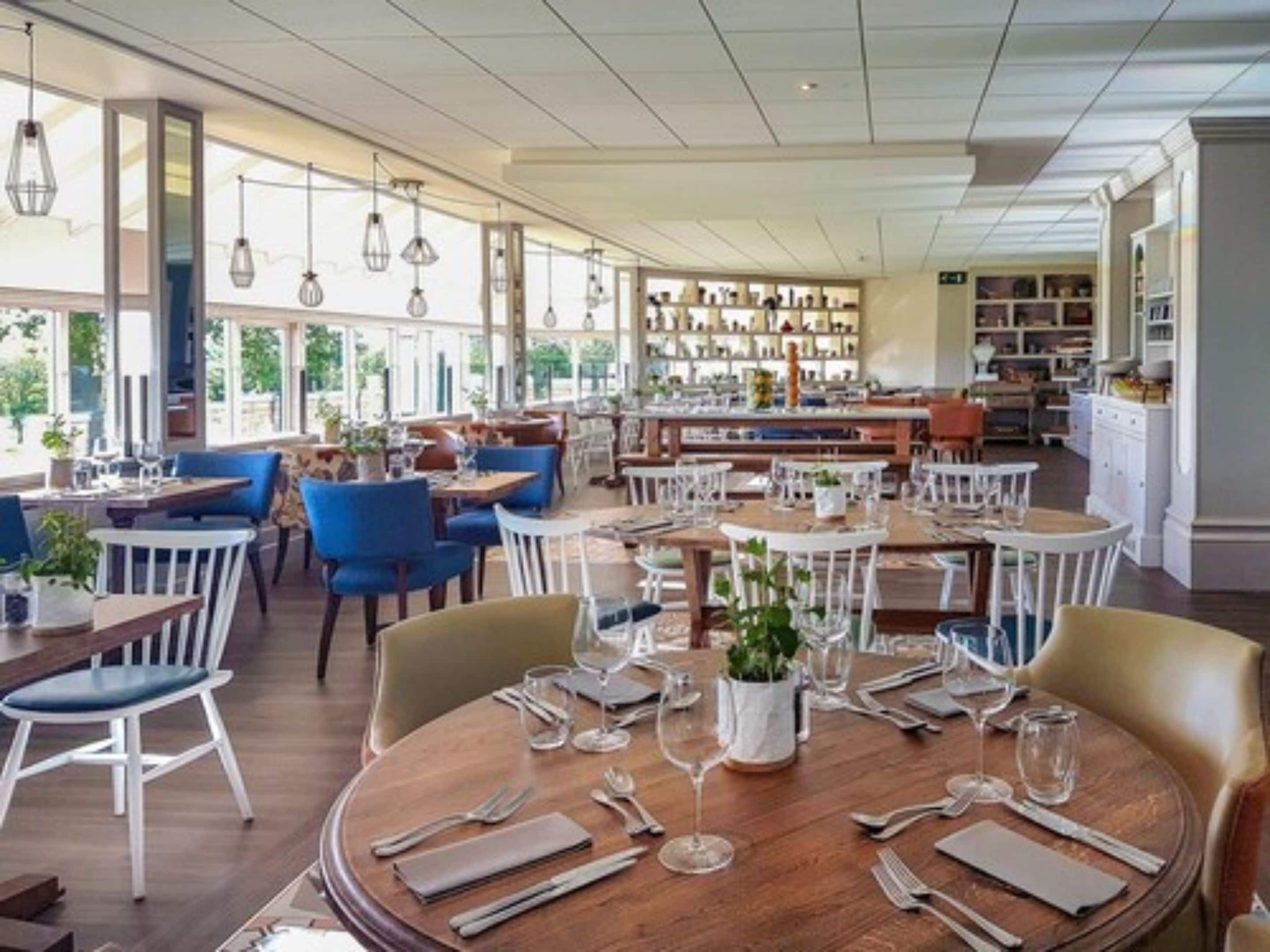 A restaurant with round tables, blue and white chairs, and hanging light fixtures.