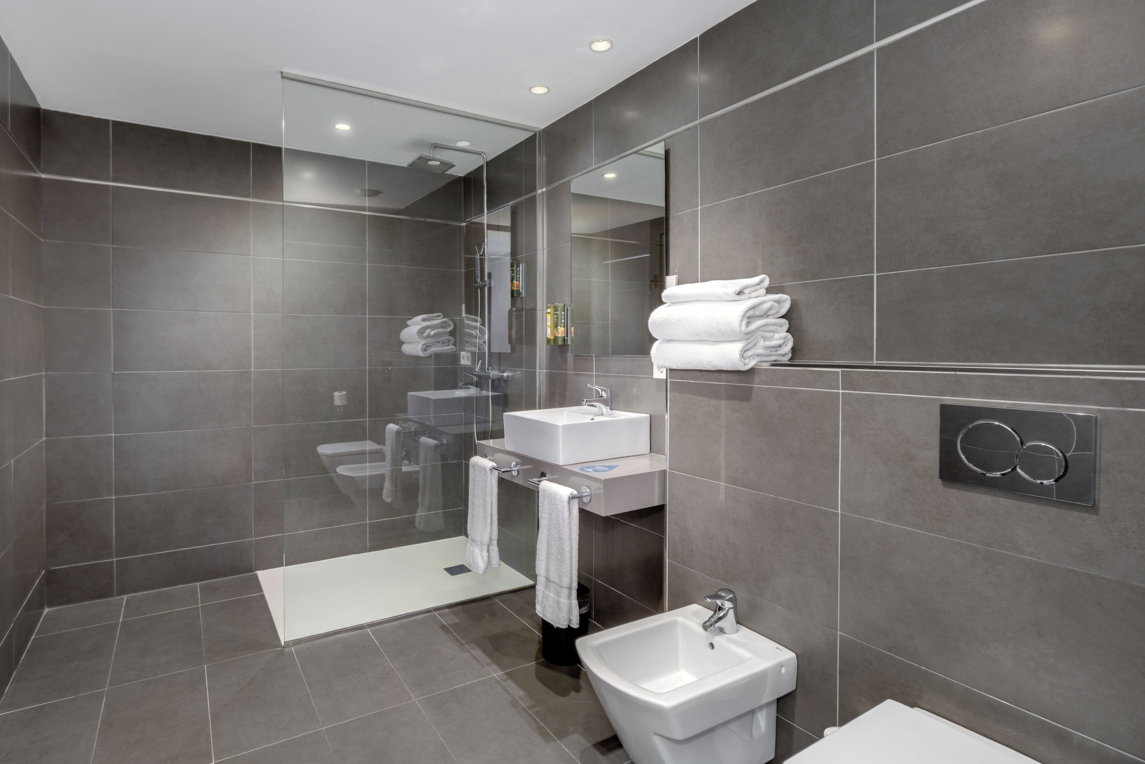 A modern bathroom with a glass-enclosed shower, a sink, and a bidet.
