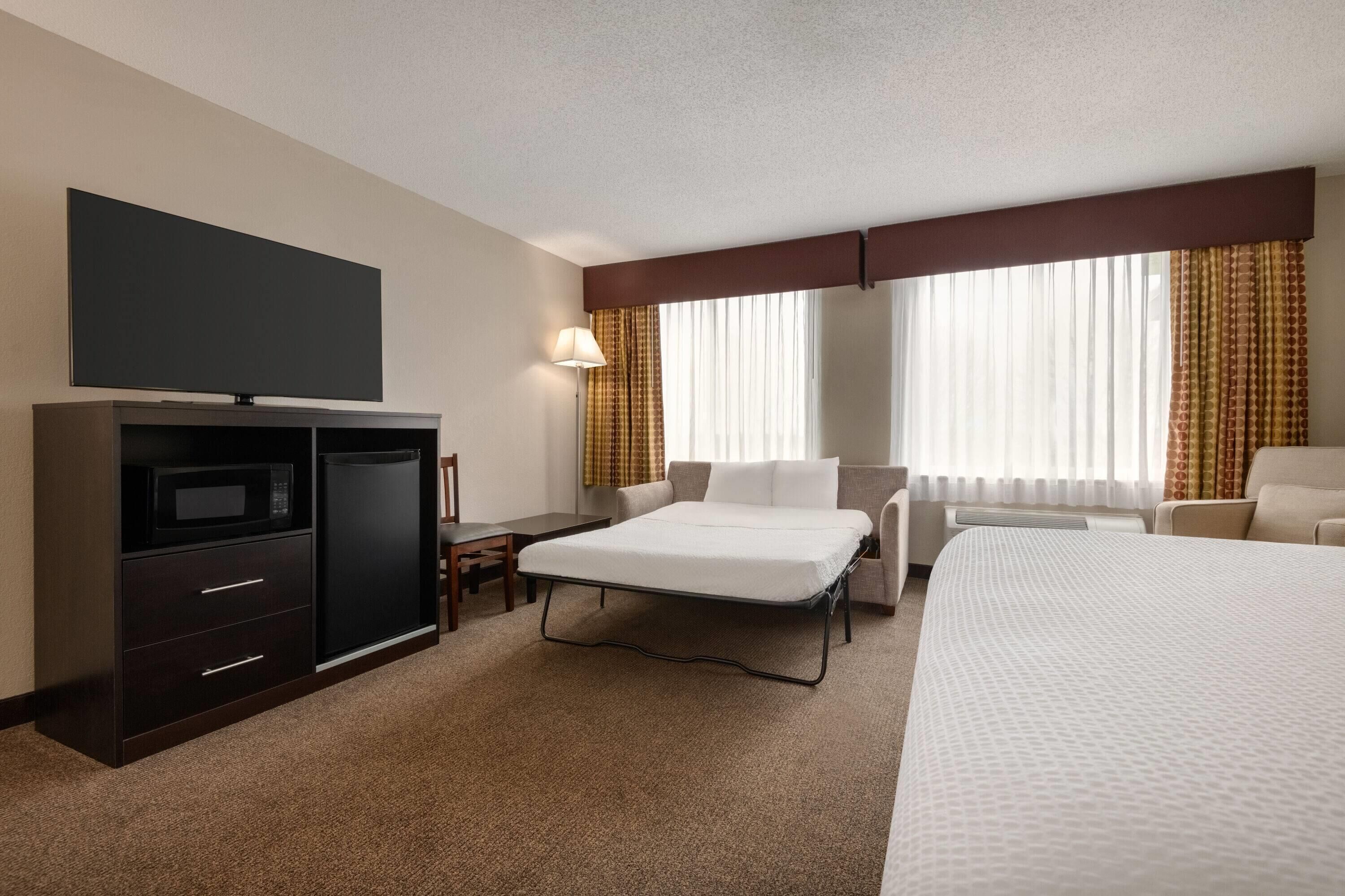 Habitación de hotel con cama, escritorio, televisión, microondas y minibar.