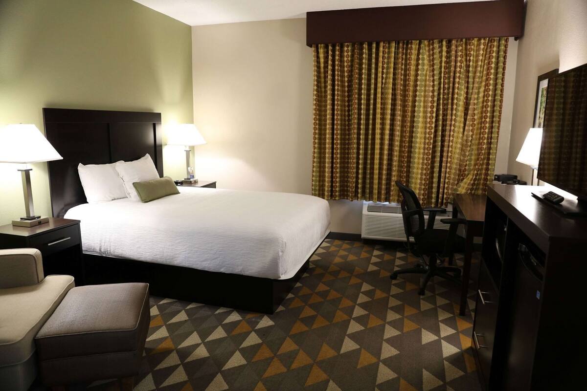 Una habitación de hotel con cama, dos lámparas de noche, un escritorio con silla, televisor y suelo estampado.
