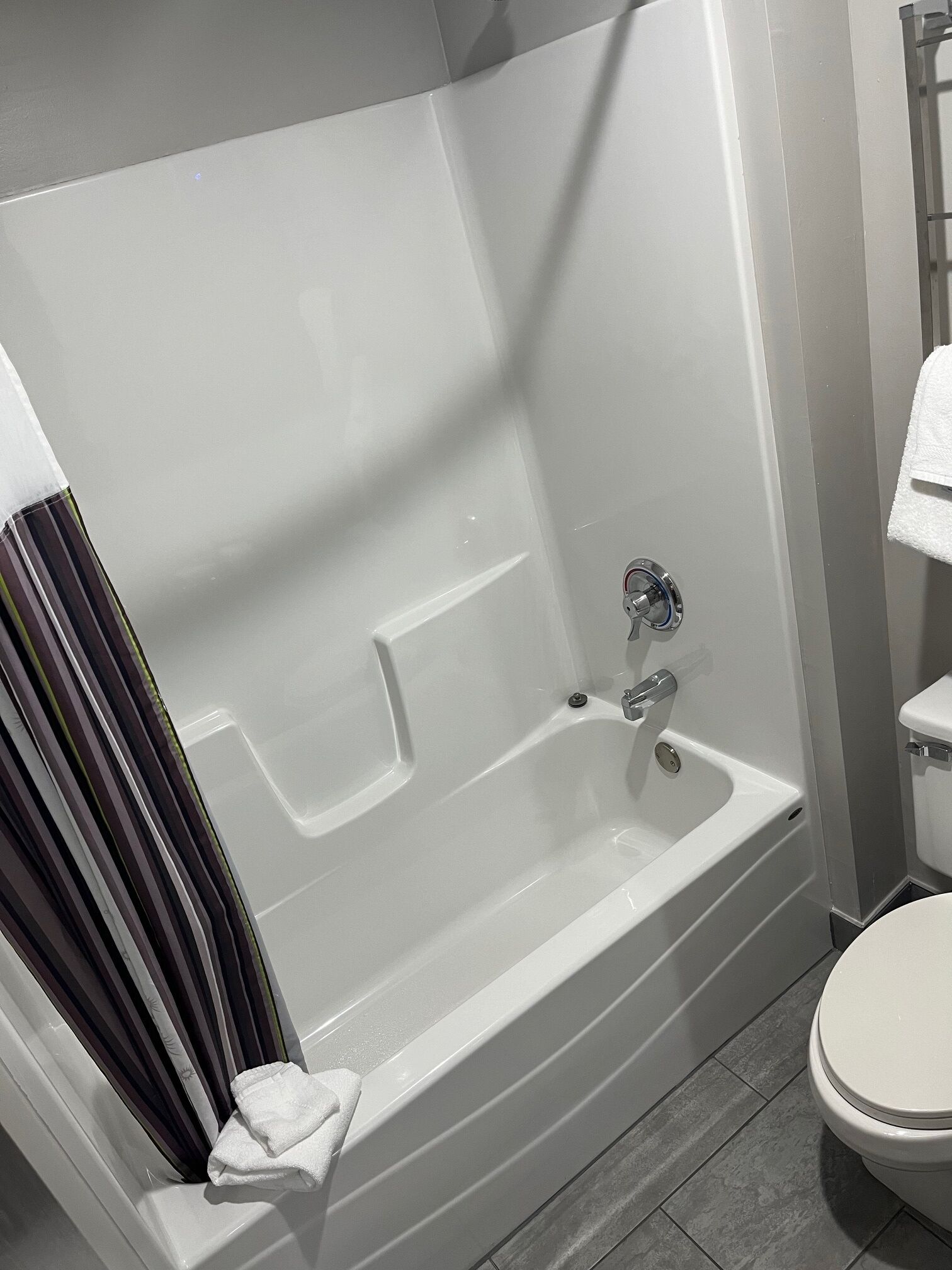 A modern bathroom with a bathtub, a toilet, and a shower area.