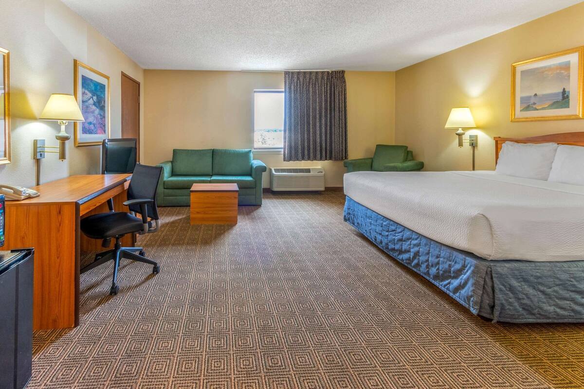 Ein Hotelzimmer mit einem Bett, einem Schreibtisch, einem Sessel, einer Couch und einem kleinen Tisch.