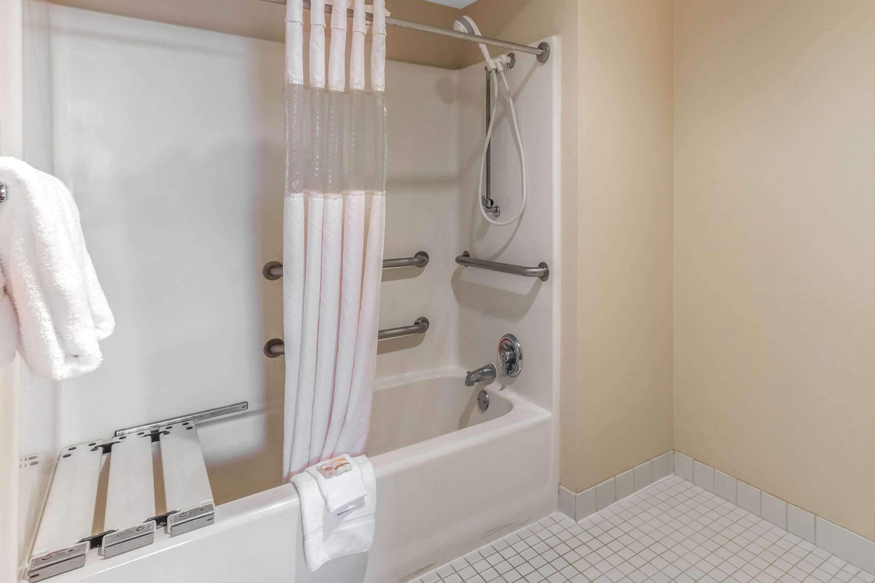 combined shower/bathtub, free toiletries, hair dryer, towels