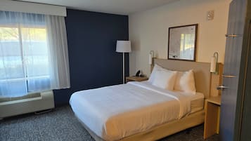 A hotel room with a large bed, a bedside table with a lamp, a wall-mounted artwork, and a window with sheer curtains.