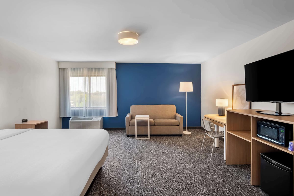 A hotel room with a bed, a sofa, a desk with a computer, a TV, and a microwave.