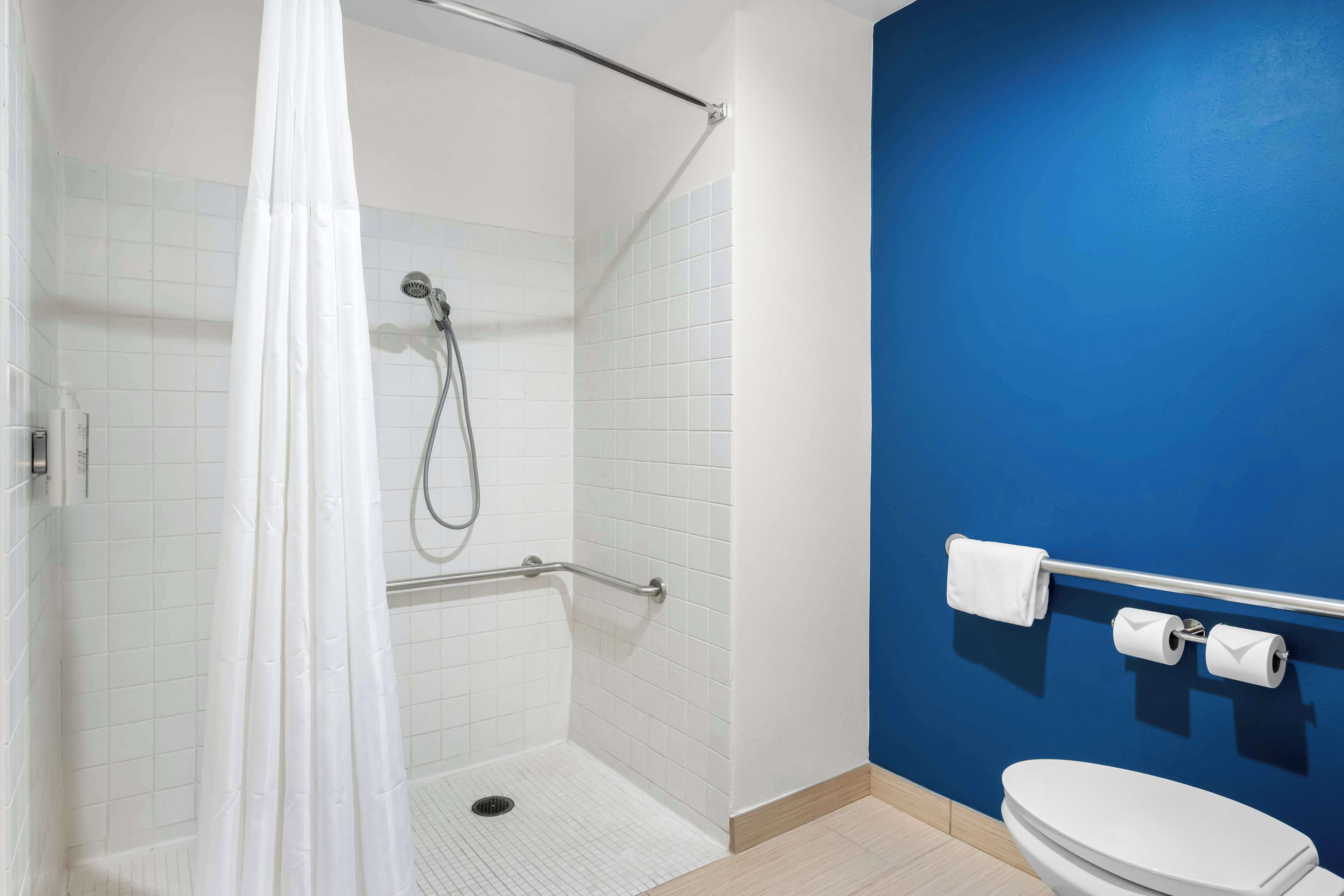 room, 1 queen bed, roll-in shower | bathroom shower