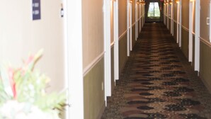 A hotel hallway with a carpeted floor, white walls, and a door at the end. - Aderi Hotel Niantic (Niantic)
