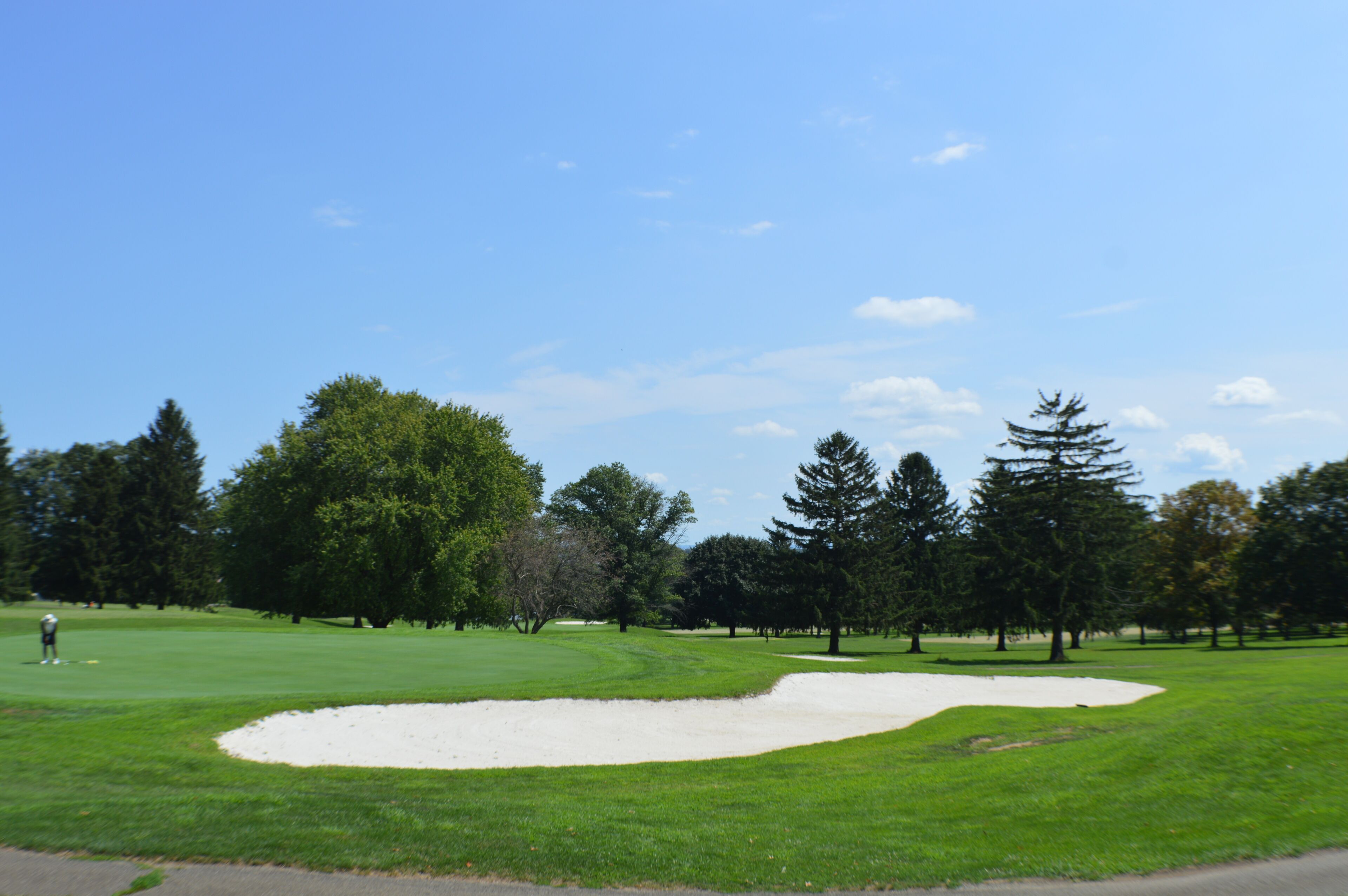 Campo de golf con búnkeres de arena, árboles y cielo despejado.