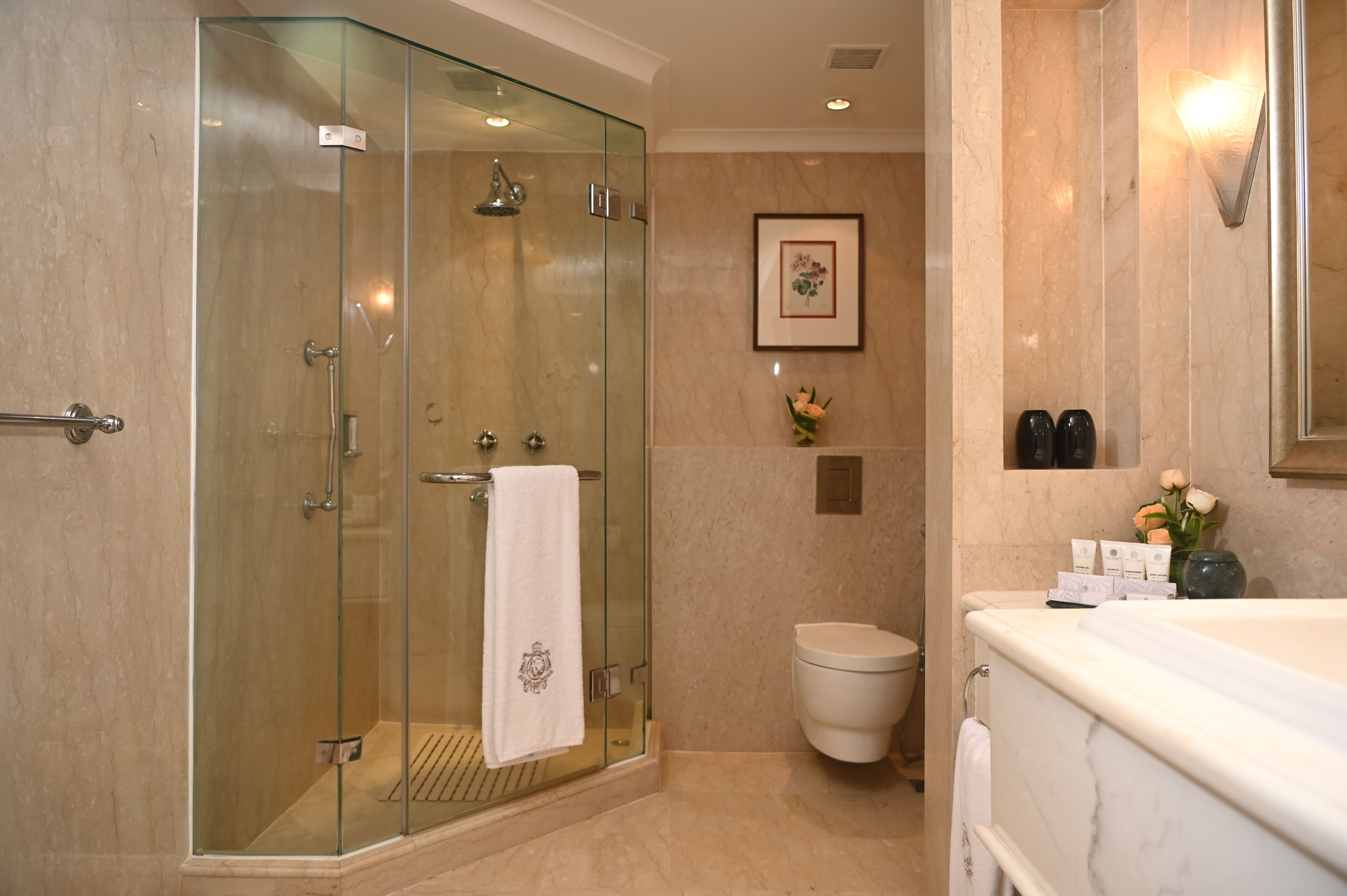 A modern bathroom with a glass-enclosed shower, a white toilet, and a marble bathtub.