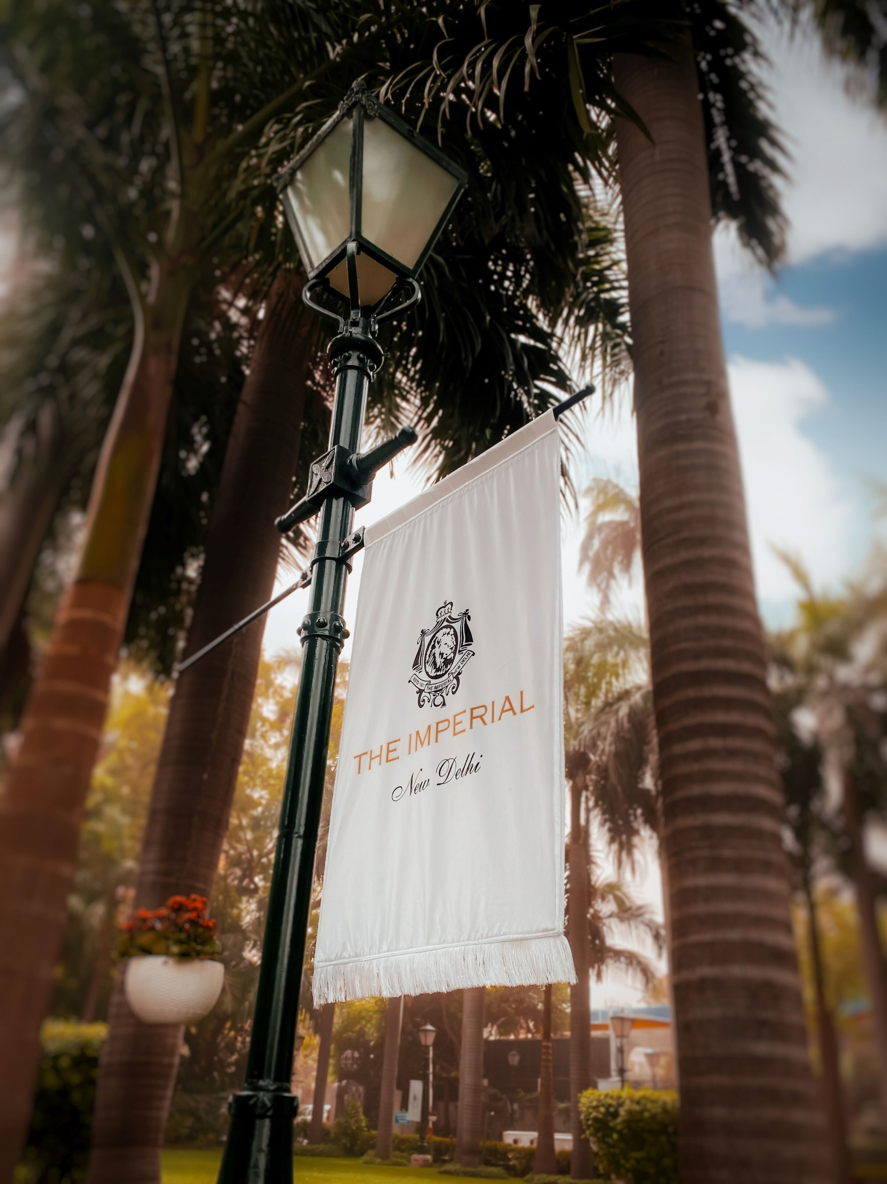 A street lamp with a banner reading 'THE IMPERIAL New Delhi' in a tropical setting with palm trees.