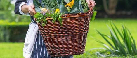A person in a striped apron carrying a wicker basket filled with vegetables.