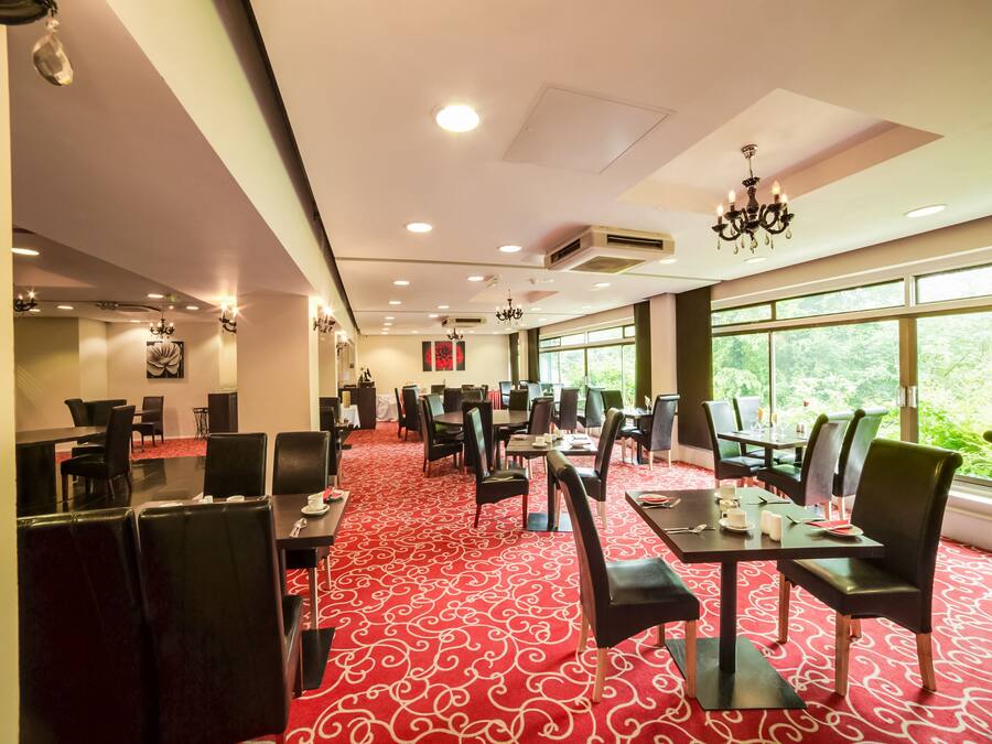 A hotel dining area with tables and chairs, a red carpet, and large windows with a view of greenery.