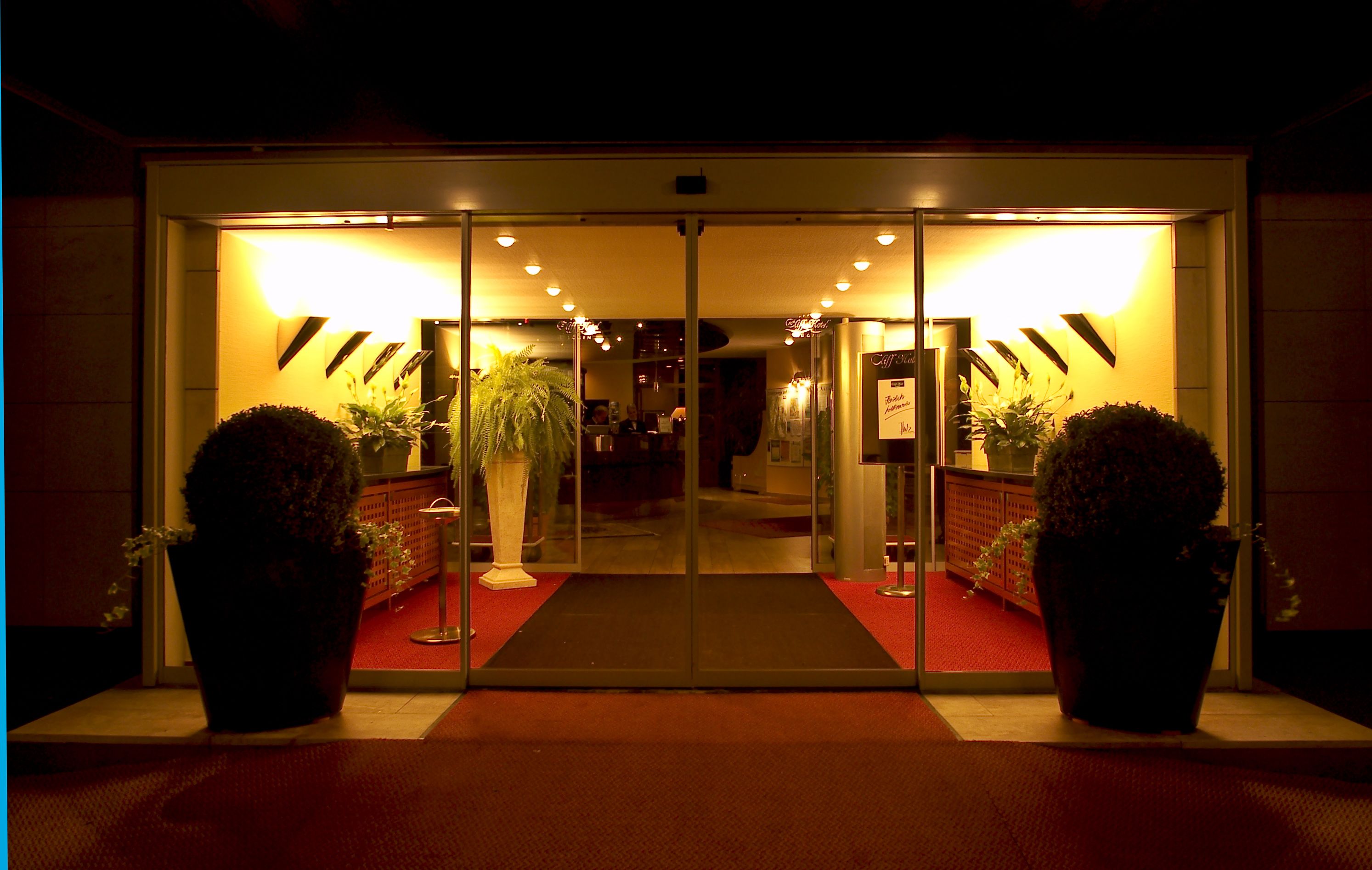 L’entrée d’un hôtel, avec une porte en verre, des plantes en pot et un tapis rouge.