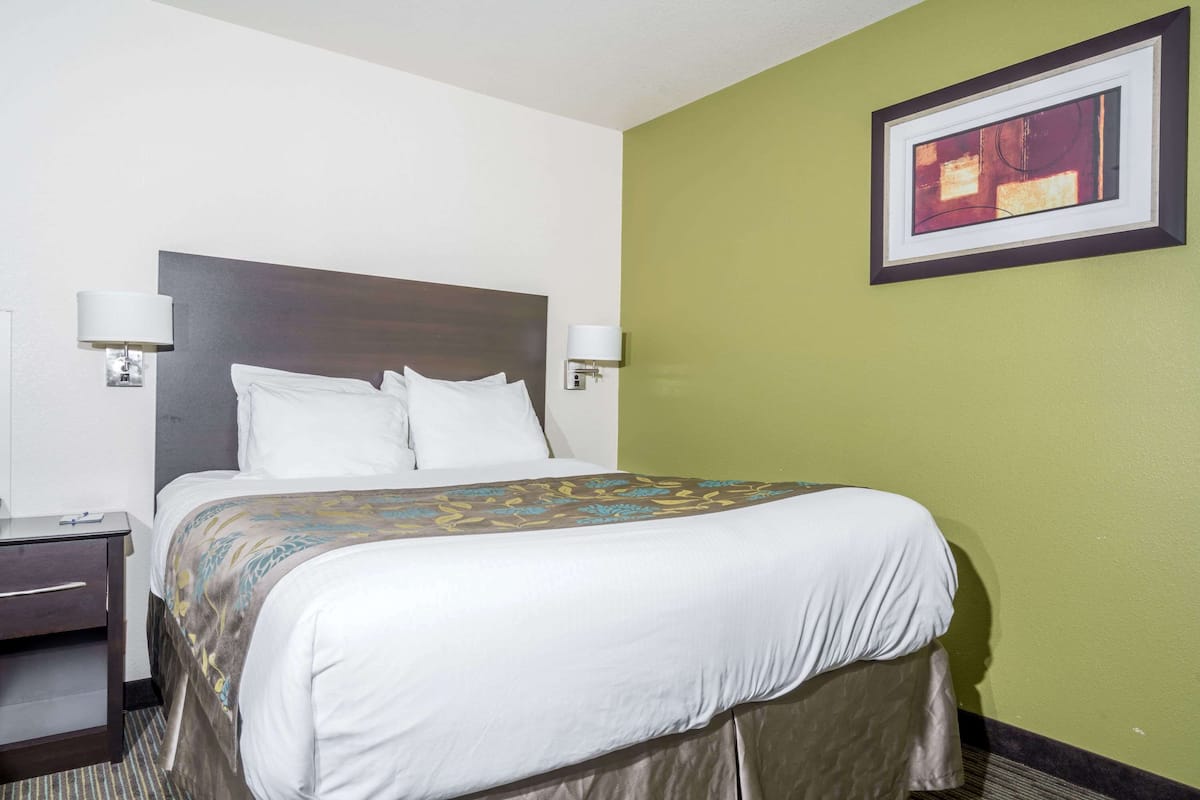 Una habitació d'hotel amb un llit, làmpades de nit, una tauleta de nit i una obra d'art emmarcada a la paret.