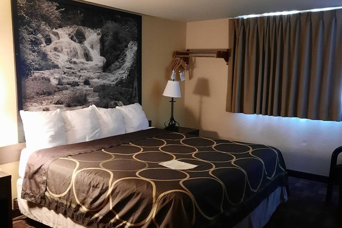 Une chambre d’hôtel avec un grand lit, une table de chevet, une lampe et un tableau représentant une cascade.