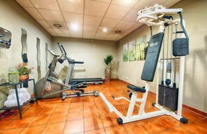 A gym with exercise equipment, a wall-mounted mirror, and a potted plant. - Leonardo Hotel Mannheim - Ladenburg (Ladenburg)