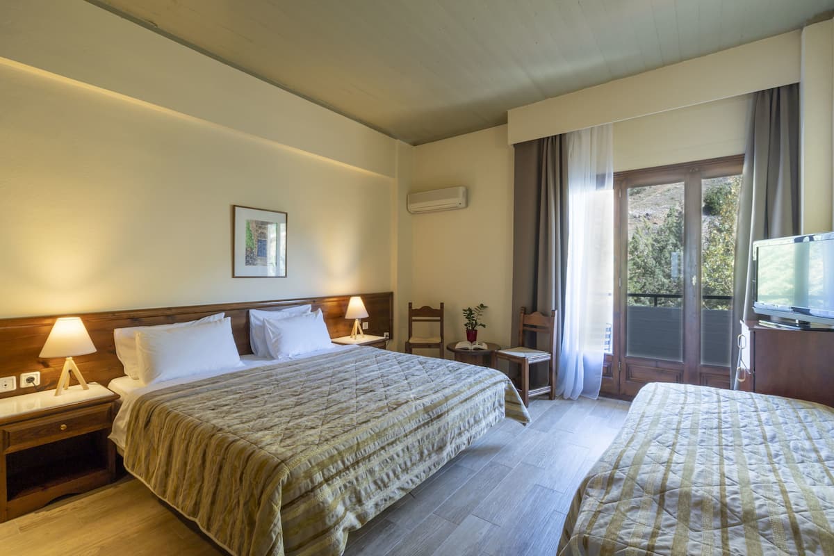 A hotel room with a large bed, a smaller bed, a TV, a desk, and a window with curtains.