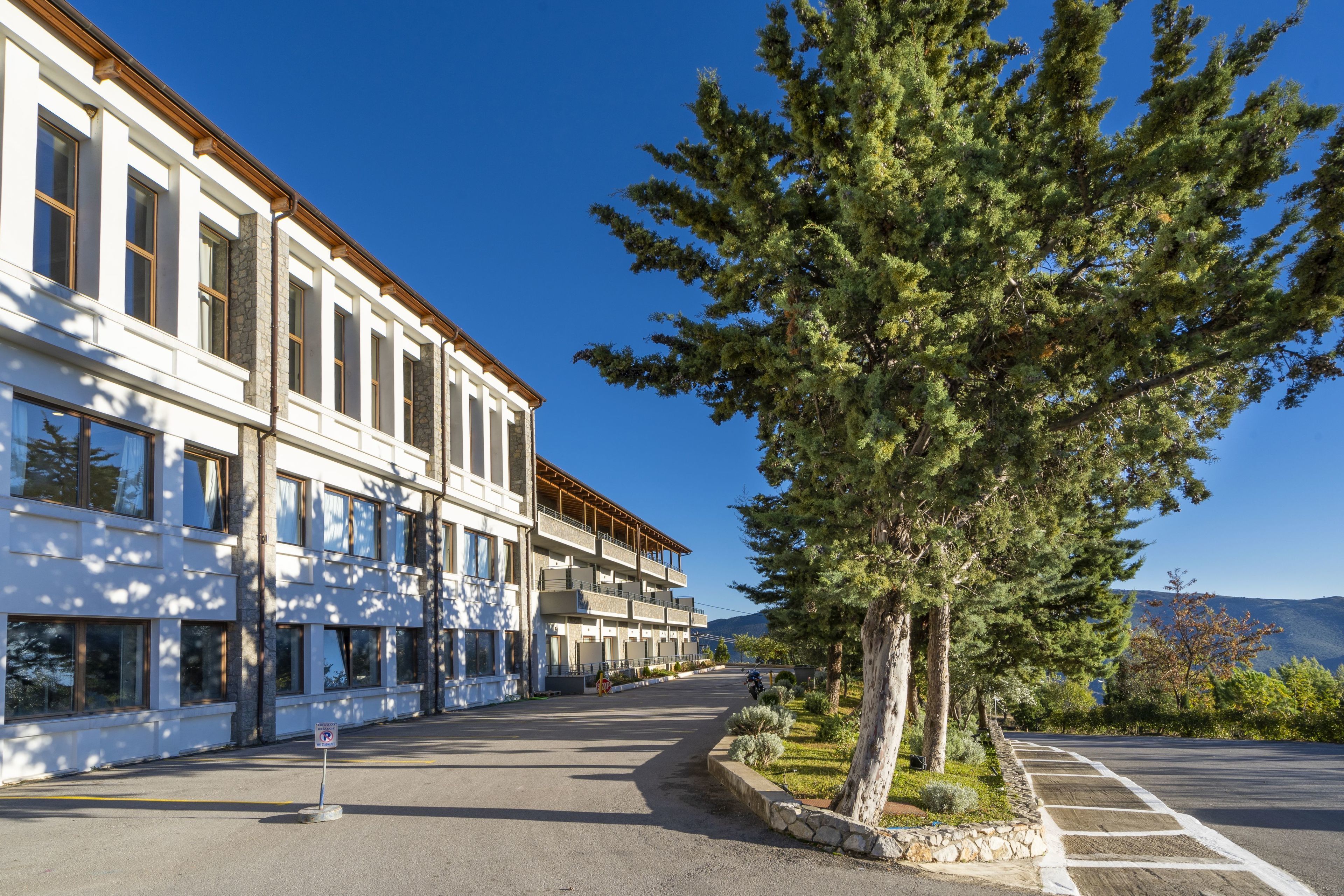 A multi-story hotel with a white facade, large windows, and a parking area with a tree-lined driveway.