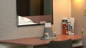 Ein Hotelzimmer mit Schreibtisch, Spiegel, Lampe und einem kleinen Tisch mit Taschentuchbox und Broschüre.
